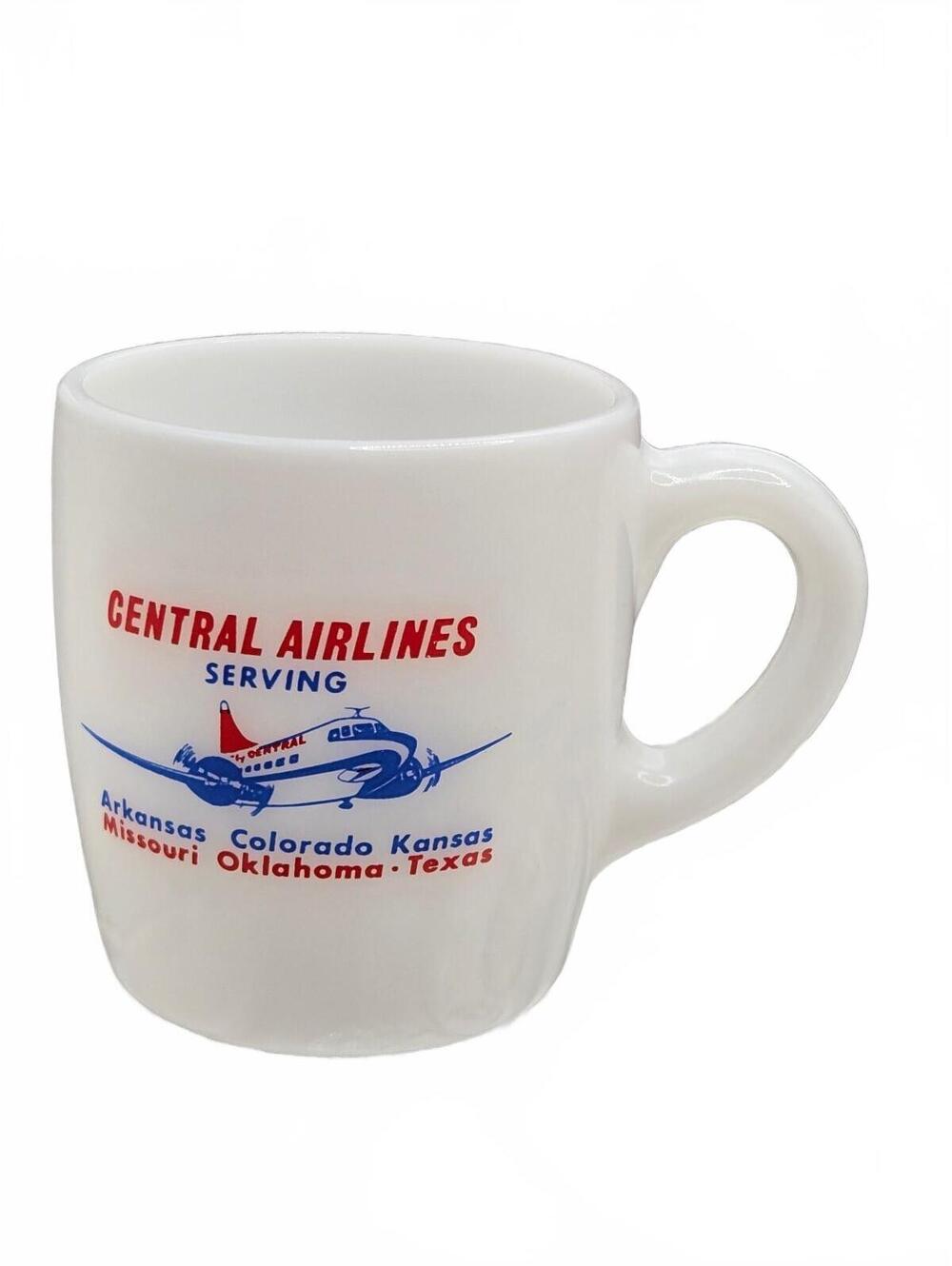 Vintage Central Airlines Milk Glass Coffee Mug with Retro Airplane Design